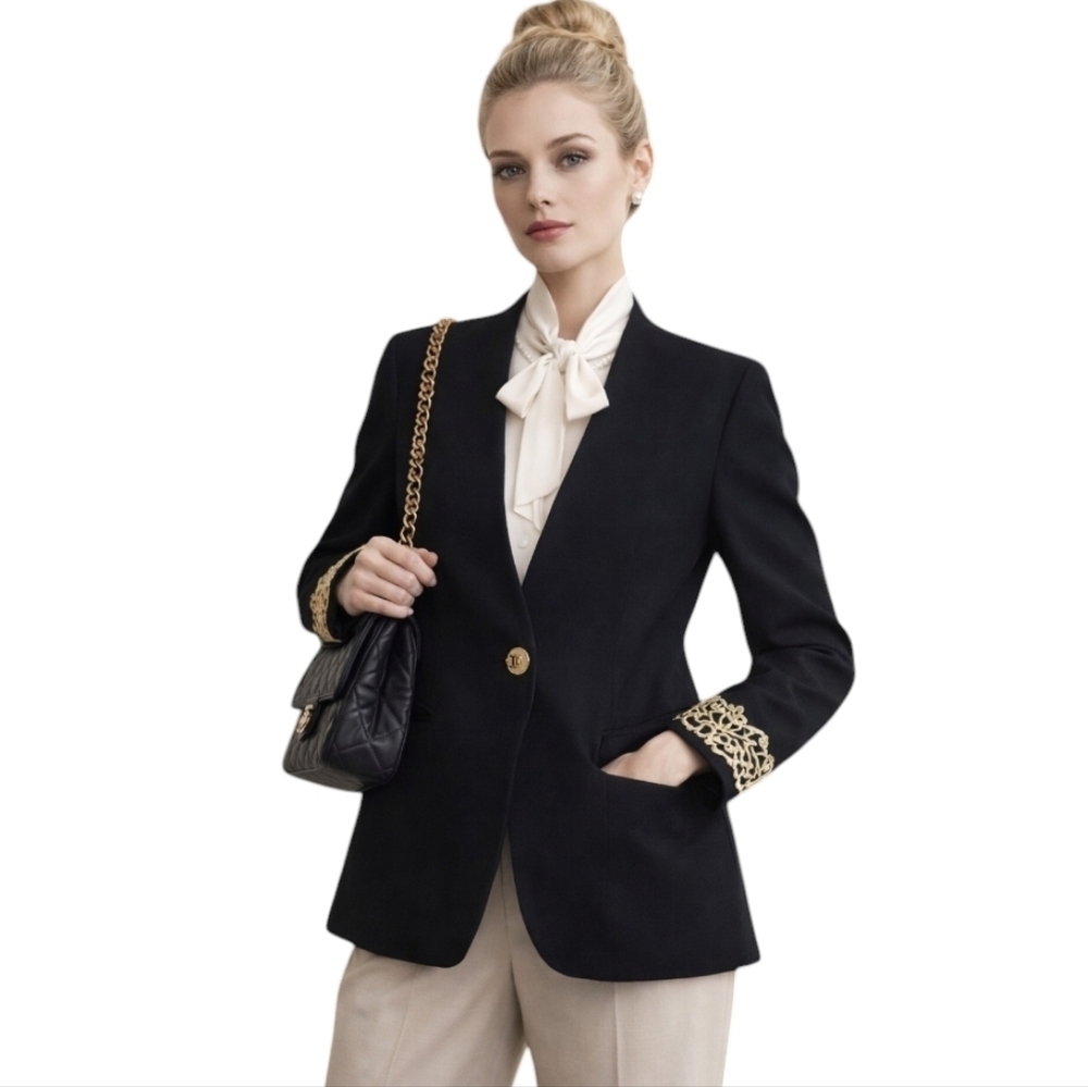Vtg black wool blazer with gold braid cuffs hourglass Shape. Career. Office  10P
